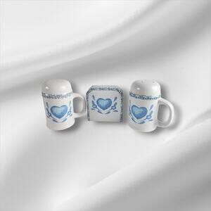 VTG Blue Heart Salt & Pepper with Napkin Holder Set Farmhouse Decor